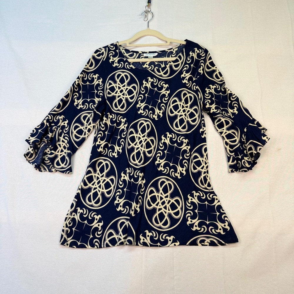 Escapada Navy Blue Cream Geometric Scroll Ruffle Sleeve Tunic Top Rayon Medium